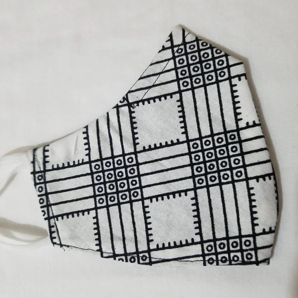 Hand Crafted Face Mask Reversible African Wax Print White and Black Adult Size